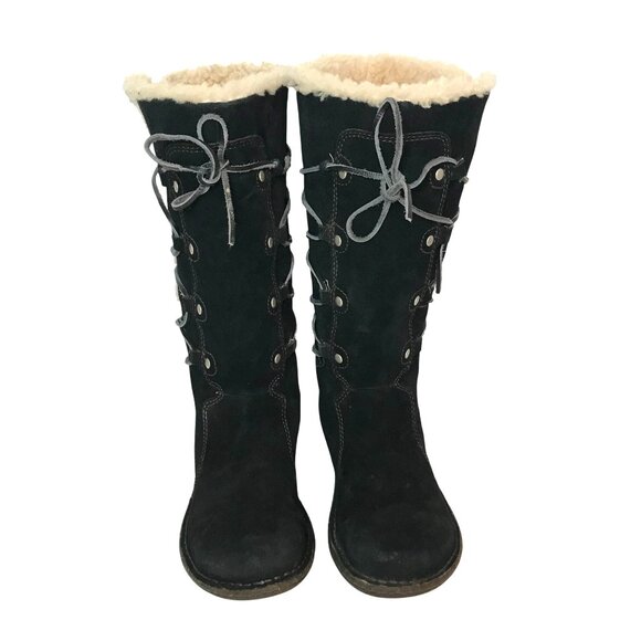 Women UGG Australia Women\'s  7 Black Suede Surfcat Winter Boots Lace Shearling